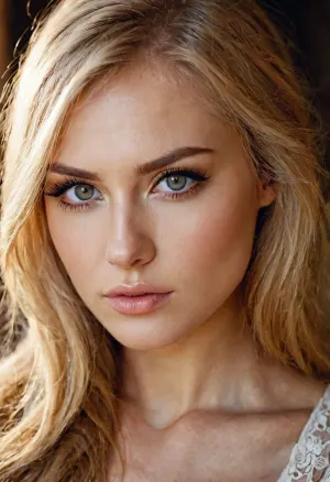 A top model with Slavic features and golden blonde hair, a slim body, and beautiful eyelashes