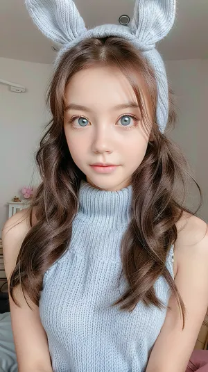 A young woman, with her innocent face and thick black eyelashes, was posing for a photo shoot. She had a beautiful face with strong features and an 18-year-old girl. Her hair was styled in a bunny hat, and she