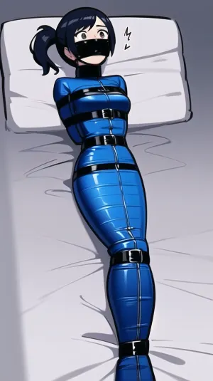 L'intelligenza artificiale ha generato l'immagine di una donna di mezza età sdraiata sul letto con le braccia dietro la schiena, indossando una tuta blu e corpo intero vicino. Ha una coda di cavallo e indossa cintura blu, bondage in pelle, e mamma 1girl