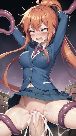 high quality, 4K resolution, dungeon, scared face, 1 girl, school uniform, fear, long-haired, (ponytail hairstyle), medium breasts, rape with bound tentacles, huge tentacles, coercion, sex with tentacles, tentacles in pussy, stomach, bulge, vaginal, excessive, vomcum, bukkake, cum, <lora:hyper_penetration_stomach_bulge_v8all-000004:.5>, <lora:vomcum:.5>, <lora:bukkake_1:.5>