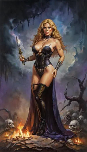 The sorceress with pointed hat and skulls on her forehead was a master of magic, known for her voluptuous body and perfect curves that made her stand out in any crowd. Her art was breathtaking, and she used the power of