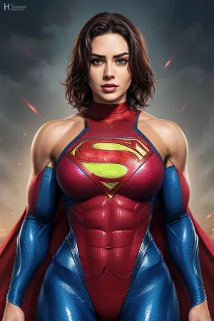 이 여성 superhero 와 점수 의 9 이다 a 멋진 광경 에 behold. 그녀의 근육 몸은 가득 차있는 전시에, 근육 정의 및 운동 둘 다 보여주. 빨간 skintight 한 벌 그녀는 그녀의 곡선과 모유를 악센트 착용하고, 파란 바지 동안