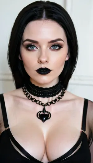 Ein Gothic-Mädchen mit blasser Haut, schwarzem Lippenstift und schwarzem geradem Haar wird in einer Choker Halskette und schwarzen Kleidung posiert für die Kamera mit ihren Händen auf ihren Hüften gezeigt. Ihre großen Titten sind durch die Spaltung in ihrem Hemd sichtbar