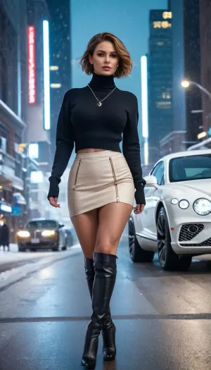 長持ちする女性、ストレートヘアの美しい写真は、洗練された黒い革のジャケットとクロップドセーターを身に付けました。ハイエンドのカメラ技術を使用してAIによって作成されました。 写真は、この素晴らしい芸術作品を作成するために細部にアーティストの注意を提示しました,