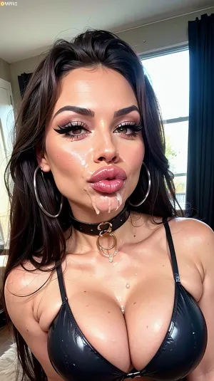 A bela menina latina peituda com cabelo escuro grande, olhos castanhos, maquiagem pesada, e eyeliner asa pesada estava posando para uma sessão de fotos. Ela tinha em uma roupa de látex sexy que mostrou seus peitos falsos grandes e sua enorme falsificação