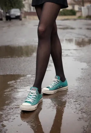 Une jeune fille portant un collant noir et des baskets converses assis sur le banc, prenant des photos de la flaque avec son téléphone. Soudain, un homme marcha vers elle les mains dans les poches et demanda s'il pouvait prendre une photo de