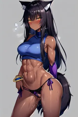 A young girl with long deep scars in her stomach and over the body, sweaty, long length hair, dark_skin, ebony skin tone and large ass. She has a picture of an AI generated pornographic scene on her phone with the