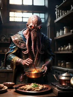 The AI mindflayer stumbled upon a picture of a female mindflayer while cooking brains in a post-apocalyptic kitchen, and the intense cooking photo of a female mindflayer stirring a pot captured the high resolution, ambiance,