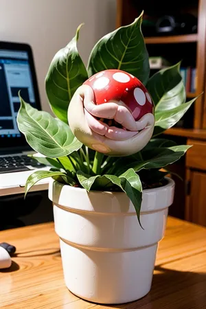 Una planta de bimbo sexy con una planta de piranha en una olla en un escritorio
