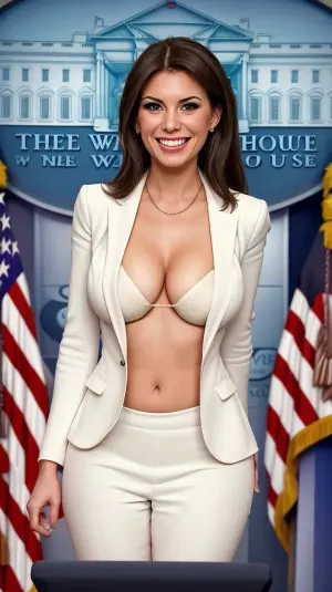 La donna nella foto era un sexy sorridente portavoce della stampa femminile dietro un bianco casa stampa conferenza lectern, indossando una giacca corta che ha rivelato la sua scollatura