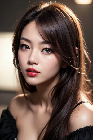 The Korean woman in the picture had perfect eyes, a close-up shot that emphasized her bold red lips and messy hair. She was wearing high-quality makeup that emphasized her natural beauty