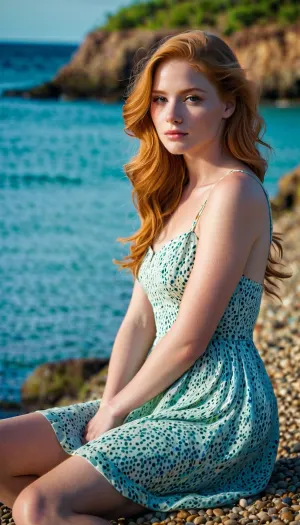 Une blonde fraise de 21 ans Supermodèle canadien, l'image générée par l'IA capte sa beauté alors qu'elle est assise à côté de la mer avec un plein corps dans sa jolie robe d'été