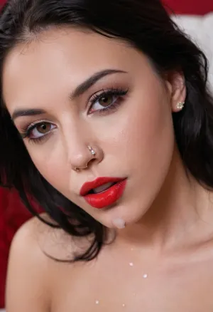 A 25-year-old girl with black hair and a nose piercing was browsing through pornographic websites when she came across a picture of a bukkake scene where the cum was dripping from her face. She couldn't resist the temptation and started to