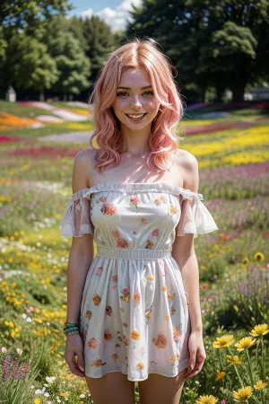 Une superbe blonde de 20 ans aux cheveux roses, aux taches de rousseur et au sourire heureux tenant une robe d'été dans sa main pose pour l'appareil photo avec ses tatouages sexy sur l'écran. Ses cheveux sont tressés