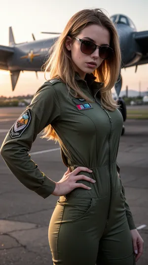 A young 18-year-old girl with short blonde hair, unbuttoned jumpsuit, and slim waist poses for a picture in front of a giant aircraft. She has short blonde hair, unbuttoned jumpsuit, and very cute face
