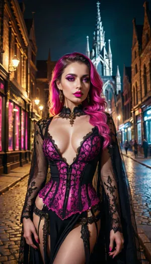 A woman with ethereal beauty and Gothic style stood before the grand entrance of an ancient cathedral, her lipstick as dark as the night sky. Her eyes shone like stars, and her hair flowed around her in a single motion