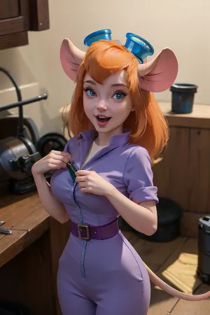 Heavenly Hackwrench, the furry female character with long hair, blue eyes, and bangs that cover her forehead, holds a gigantic wrench in her hands as she works on a metal products workshop. She has long hair