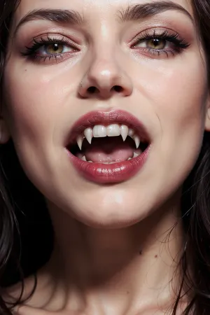 La ragazza vampiro aveva occhi perfetti, ma le sue zanne erano un po' troppo affilate. Indossava un vestito rosso sangue che le abbracciava perfettamente le curve. Le sue labbra erano dipinte di rosso e aveva i capelli disordinati che sembrava appena svegliata da un