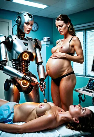 The robot girl's drill penetrates the pregnant woman's body, causing her to scream in pain. The medical department uses a special tool to extract the baby from her womb, but they are shocked by the unexpected electric shocks that come from the robot