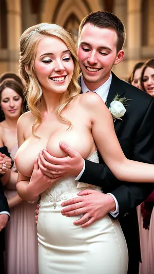 The wedding ceremony was in full swing, with the bride dressed in a sexy white gown and her groom looking handsome in his suit. As the ceremony progressed, the pastor slipped down the blonde woman's dress, revealing her perfect skin and large bare breasts being