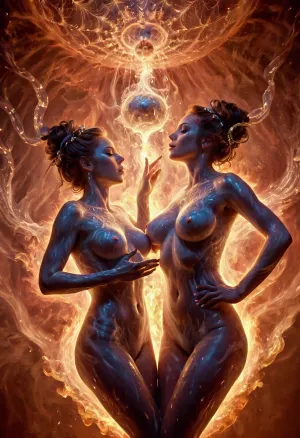 L'AI ha generato un'immagine dettagliata e ben eseguita di due ragazze baciare, bruciare, circondato da fumo, fumoso, bagnato in fuoco. Le due figure indossano il trucco digitale e sono poste in una stanza elegante con illuminazione di alta qualità