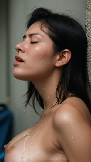 A high-resolution pornographic image of a young woman with medium-sized breasts, open mouth, closed eyes, and realistic skin texture is generated using the best quality cinematic lighting. The scene is shot in her bedroom with a high-angle side