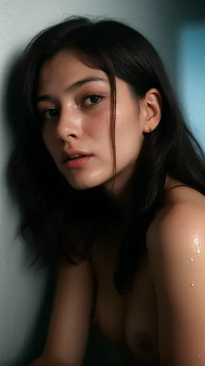 A young woman, her face flushed with arousal, sits against the wall in her bedroom. Her fingers are inside her as she fingers herself, creating a dreamy atmosphere. The ambient glow from the open mouth of a film camera adds to the realism of
