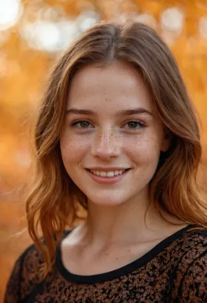 La femme se tenait devant le paysage d'automne, sa blouse orange bouffant dans le vent. Elle sourit alors qu'elle regardait le coucher du soleil, sentant un sentiment de contentement se laver sur elle. Soudain, elle a senti un coup sur son épaule