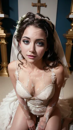 Женщина в свадебном платье была соблазнительной и имела сексуальное тело, в раскрывающем кружевном и шелковом свадебном платье, которое показало ее кривые и расщепление. У нее были большие голубые глаза, которые загорелись волнением, когда она хлопала на перемене в