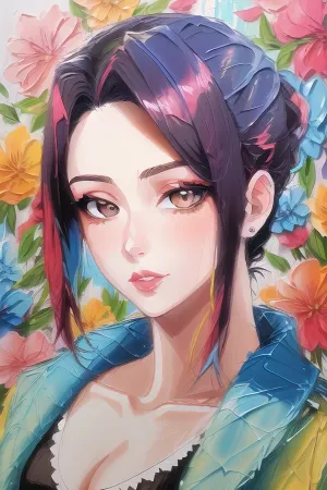 Cute Colorful Thick Impasto, portrait painting of a beautiful young adult French woman, <lora:impasto:1>