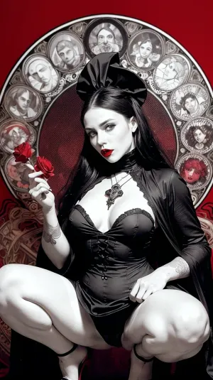 Le texte généré par AI décrit une photo de haute qualité d'une femme en costume classique avec des éléments de fétichisme moderne et de coiffure pixies, accompagné de 2d style de jeu et de texte qui met l'accent sur l'utilisation de l'ombrage de contraste élevé pour créer un