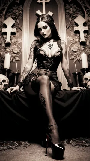 一个带有经典诱惑服和现代迷恋元素的超现实主义巫师,不穿内裤,被描绘为带有从头到脚的蕾丝裁剪风格的过于细致的巫师服装. 她的头发有型