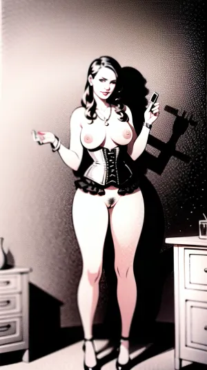 Uma mulher em uma roupa vintage e segurando um livro é fotografado usando peitos grandes e cu redondo, com óculos, estilo de cabelo bun antiquado, jóias no corpo. Ela é professora do século XIX que provavelmente teve um caso