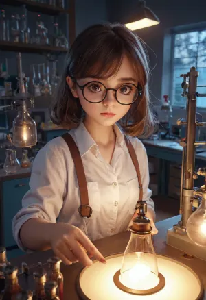 The girl with the round face and glasses was a physics student who loved to experiment with new ideas. She had a big chubby face and glasses that made her look like she was always thinking about something. One day, she decided to try out