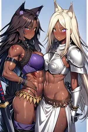 The wolf girl was a fierce warrior with long deep scars in her stomach and over the body, sweaty, long length hair, dark brown skin, ebony skin tone. She wore claymore fantasy armor and carried a lagoarmor sword as