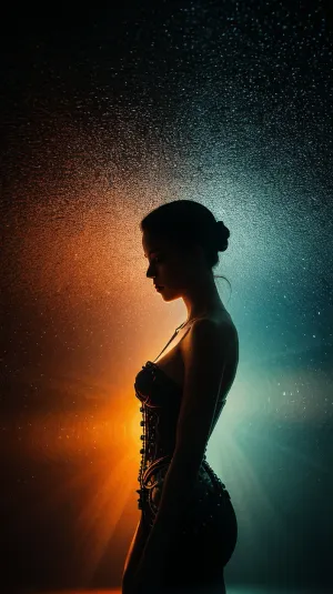 A surreal scene with a woman in the center, surrounded by an iridescent glow and intricately detailed patterns. The lighting is breathtaking, with a wide dynamic range that creates depth and realism. The colors are vibrant and full of detail, with