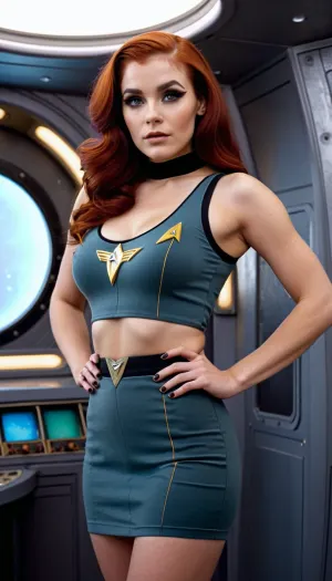 身型为DD的女子,红色的惊心动魄的坦克顶和复古的惊心动魄的裙子,圆眼,窄眼和lob发型都梦寐以求地站在太空飞船中. 她的头朝上倾斜 当她梦到镜头里