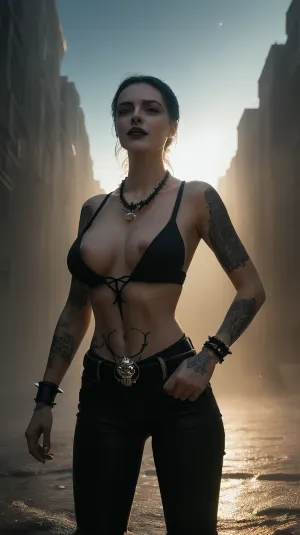 画了一幅迷人的画,画中一位年轻女子,她有着穿透的目光和复杂的绘画细节,在超现实未来的场景中被俘获