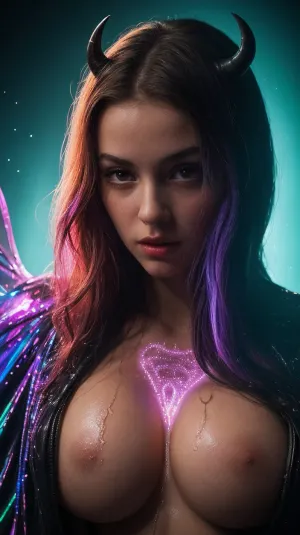 一个令人惊叹的场景,一个美丽的女孩 有着巨大的红蝙蝠翅膀和黑色的弯曲角, 多亏了明亮的颜色和复杂的细节, 闪亮的和灿烂的鳞片, 有着巨大和沉重的乳房的裸露的乳房, 非常细致的纹理。 光线