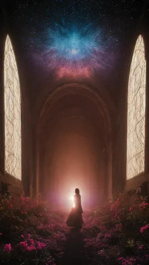 Una scena sorprendente e futuristica raffigura una bella donna con capelli lunghi, dettagli di cristallo, e splendente da ultravioletto. Sta fluttuando nello spazio con acqua iridescente e raggi gamma atmosferici, creando un'atmosfera di intrighi e romanticismo