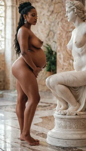 A pregnant naked ebony milf on her knees is looking at an impressive greek marble statue of goddess Hera with tenderness and love, captured in a high-resolution 8k wallpaper full view photorealistic image