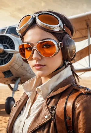 The girl in the photo is wearing a pilot's outfit and standing in front of an airplane. She has a medium-quality signature on her picture, which is also colored pencil. The background of the photo is orange, and there are traditional media such