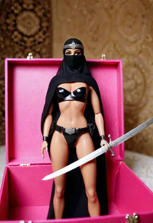 Bir niqab ve uzun eğrili bir kılıçla seksi ve sert görünümlü Barbie kutusu dikkat çekti, ancak gerçek ya da sadece bir pazarlama boksu olsaydı belirsizdi