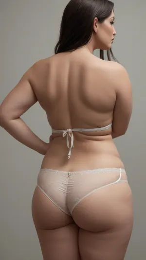 A 50-year-old woman with a round face, wide hips, and chubby breasts was wearing a tight top that hugged her curvy hips and bottoms apart. Her pubic area was chubby and puffy, with soft