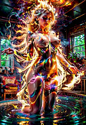 लोगों का एक समूह एक गन्दा बन में अपने बालों के साथ एक लड़की की तस्वीरें लेता है, जो एक अंधेरे कमरे में लटकता है। वे अपने शरीर पर जटिल विवरण बनाने के लिए डिजिटल पेंटिंग का उपयोग करते हैं और एक ईयर बनाने के लिए लावा, लावा, पानी और प्रकाश प्रभाव जोड़ते हैं।