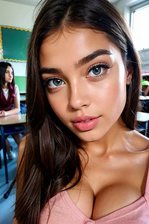 Una mujer joven con pelo largo y recto y granos en sus mejillas se encuentra frente a una luz brillante, con un vestido rosa y tiene una intensa mirada que capta la atención del espectador. La foto fue tomada con una cámara Nikon Z7 II