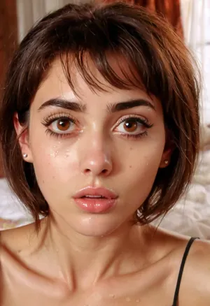 貧しいブルネットのブラジルの少女とピクシーブラックヘアカット、メッシーヘアカット、大きなティッツ、メイクなし、空のチークと彼女のベッドルーム