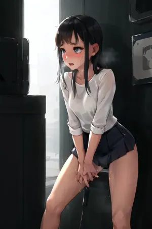 一个长头发和小腰的女子坐在沙发上,她的腿伸大. 她伸到裙子下,开始用内裤按摩乳房. 她的眼闭着,满怀喜悦 她放出柔软的快乐呻吟
