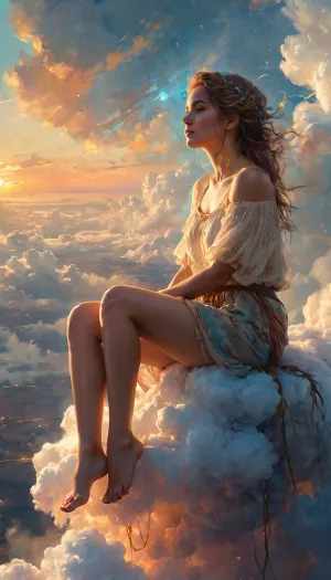 In a world where AI has become the norm, a young woman sits on a cloud, lost in thought. Suddenly, she is transported to a beautiful landscape with vibrant colors and ethereal lighting. She feels at peace and serene as she takes