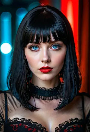 Uma linda garota gótica com bobcut preto, olhos azuis e batom vermelho posou para um grupo de adolescentes tirando fotos com seus telefones